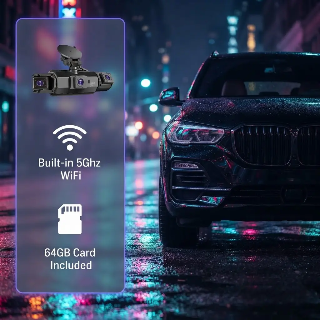 4‑Channel 360° Surround View Dash Cam, 4‑Lens Front Rear Inside Left Right Car Recorder, 3‑Inch Screen Built‑in WiFi, HDR Night Vision, 24/7 Parking Monitor, Free OBD Cable & 64GB Card Included