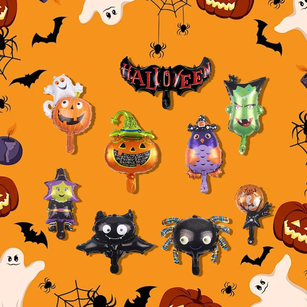 9pcs/set Mini Balloons, Halloween Aluminum Foil Balloons, Halloween Party Decoration Aluminum Foil Balloon Pumpkin Owl Bat Monster Head Halloween Foil Balloons for Halloween Party Decor