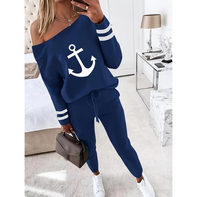 2 Piece Outfit Nope Not Today Print Skew Neck Long Sleeve Pullover Top with Stretchy Waist Long Pants Jogger Set