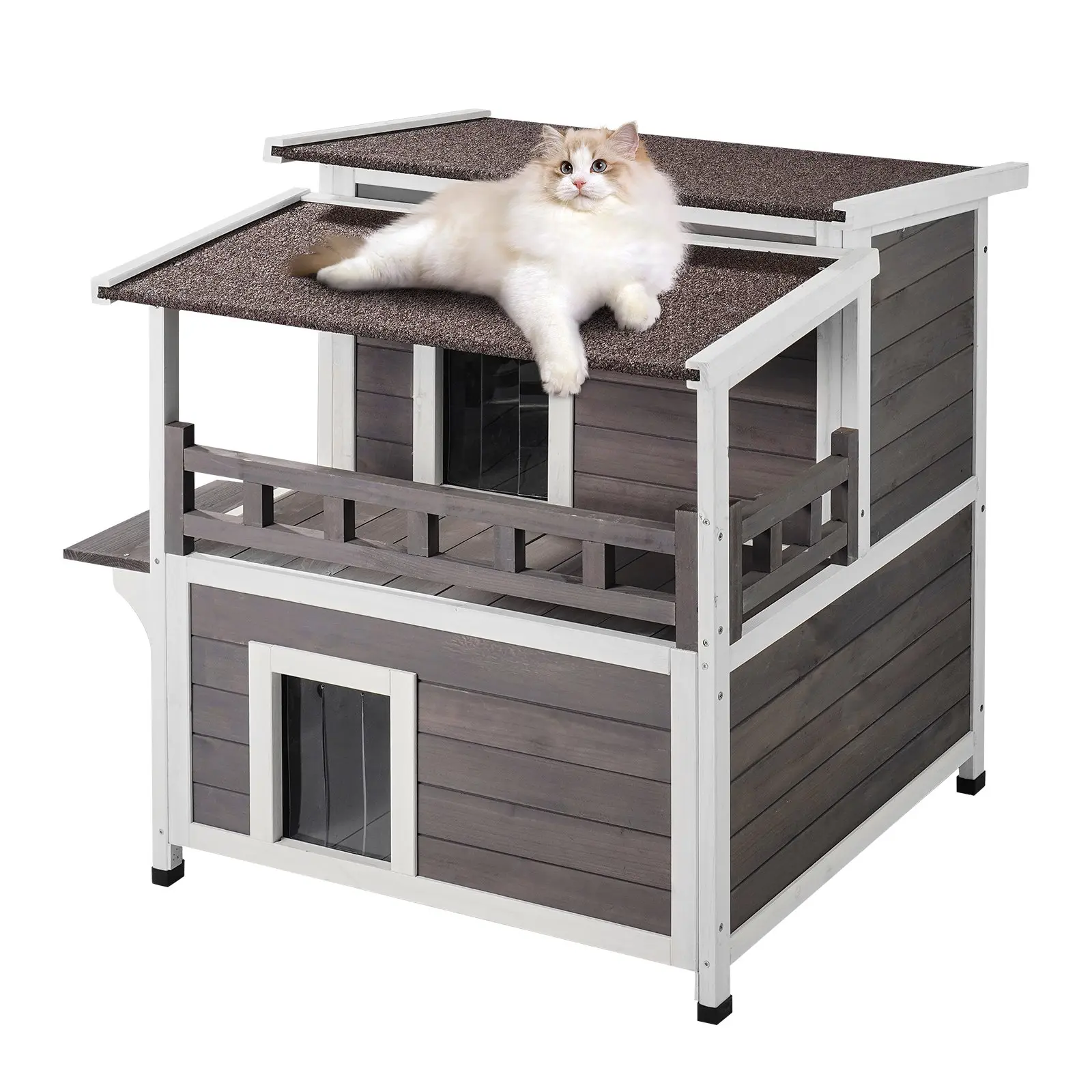 VEVOR Outdoor Cat House Weatherproof, Feral Cat Shelter for Multiple Cats, 2-story Large Outdoor Wooden Cat House with Balcony, Doors, PVC Door Flaps and Open Roof, 30"Lx 30"Wx 32"H