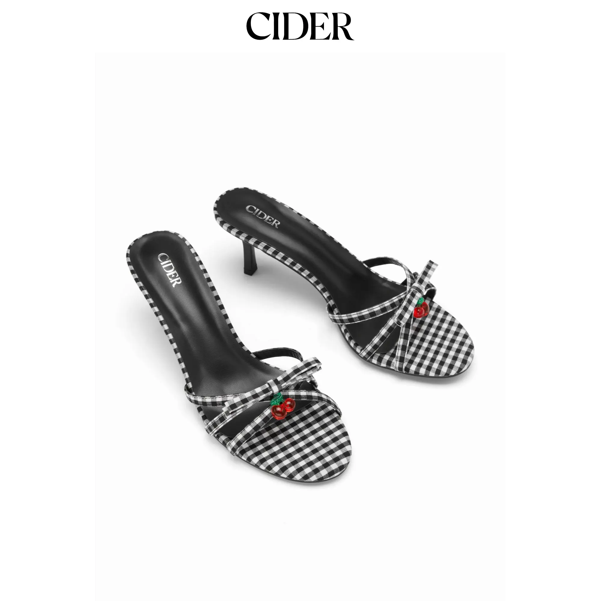 Cider BOWKNOT & CHERRY GINGHAM KITTEN HEEL SANDALS
