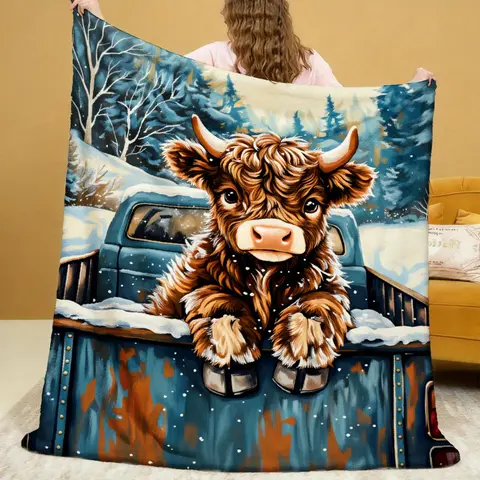 Cawest #67 Flannel Printed Couch Throw Blanket - Artful Cow Print in Vintage Blue Truck, Winter Snowy Forest Design, Soft Touch Durable Decorative Home Textile Leisure Blanket