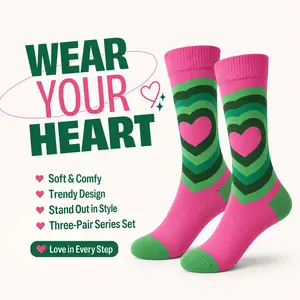 JUPICHUBI Women's Combed Cotton Crew Socks 3-Pair Pack, Hand-Linked Seamless Toe Breathable Knit, Trendy Aesthetic Patterned Novelty Socks for Daily Casual Wear