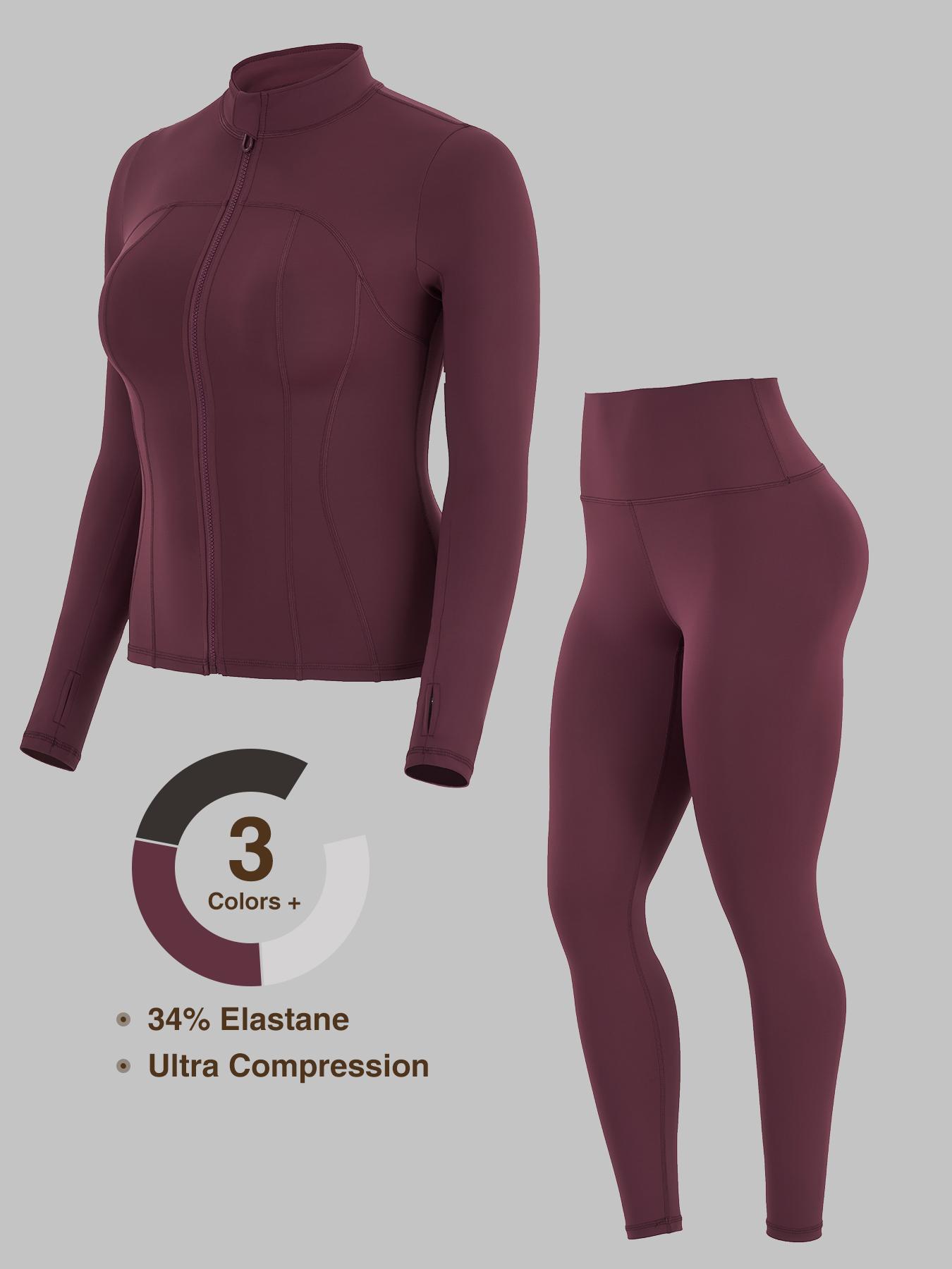 Women's Solid Zip Up Jacket & High Waist Leggings Tracksuit Set, Sporty Breathable Comfy Outfits for Yoga Gym Workout Running, Ladies Sportswear for All Seasons and Outdoor Wear