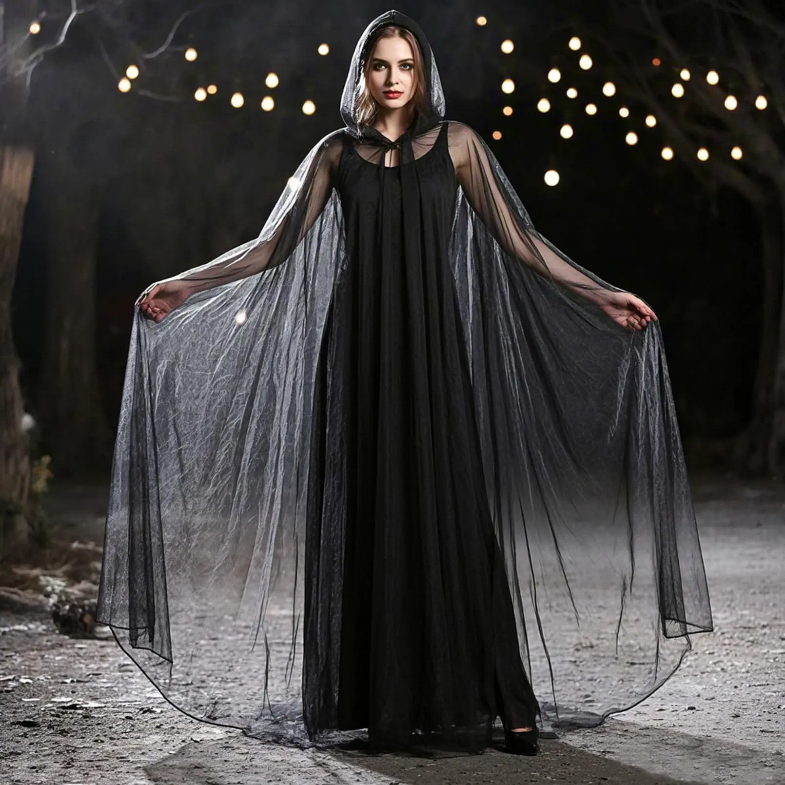 1pc Halloween Black Sheer Long Tulle Cape with Oversized Hood,Adult Hooded Tulle Cloak,Gothic Ghost Bride Witch Vampire Wizard Robe,Ghost Queen Cosplay Costume for Halloween,Christmas And Renaissance Themed Party
