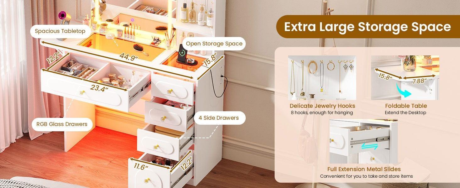 Arched Makeup Vanity with LED Lighted Mirror and Charging Station White