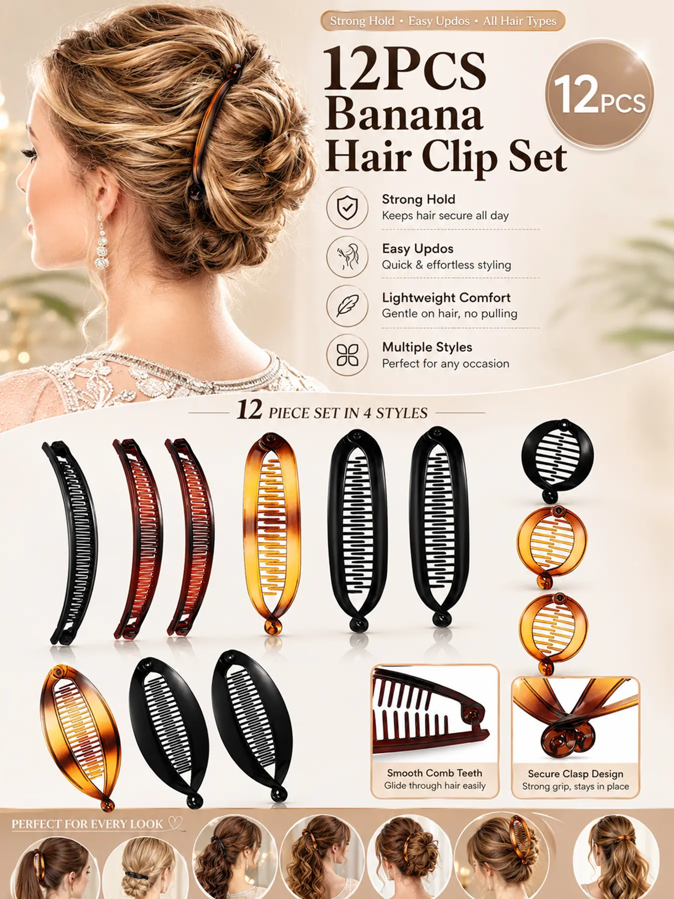 12PCS Banana Hair Clips for Women Girls, Fashion Hair Accessories, Classic Clincher Comb Ponytail Barrettes, Non Slip Strong Hold Banana Clips Set in Oval Curved Styles for Thick Thin Long Hair, Updo Bun & Daily Party Accessories, Hairclips