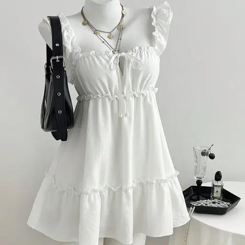 Women's Summer Sweet Cute Bow Tie Ruffle A-Line Sleeveless Casual Chic Dress, Simple and Chic Design, Perfect for Warm Weather