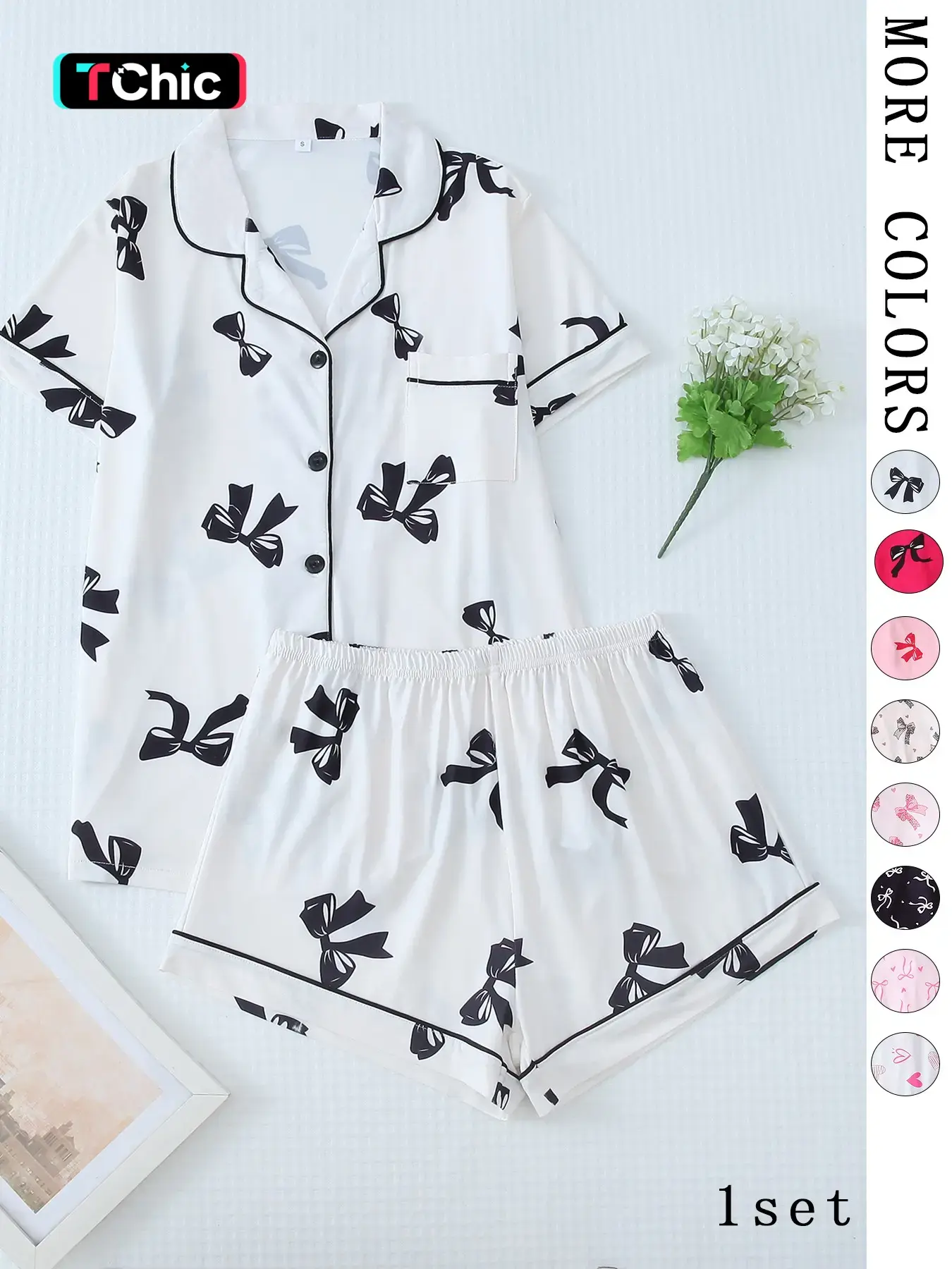Two-Piece Set Women's Printed Graphic Button Front Pocket Shirt & Elastic Waist Shorts Pajama Set, Cute Comfy Soft PJ Loungewear Set, Summer Clothes Women, Soft Pajamas, Nightwear