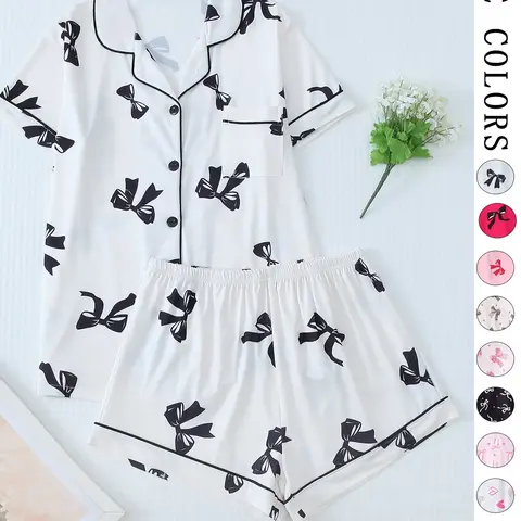【Black Friday】Two-Piece Set Women's Printed Graphic Button Front Pocket Shirt & Elastic Waist Shorts Pajama Set, Cute Comfy Soft PJ Loungewear Set, Women's Summer Loungewear #GLOBAL PICKS