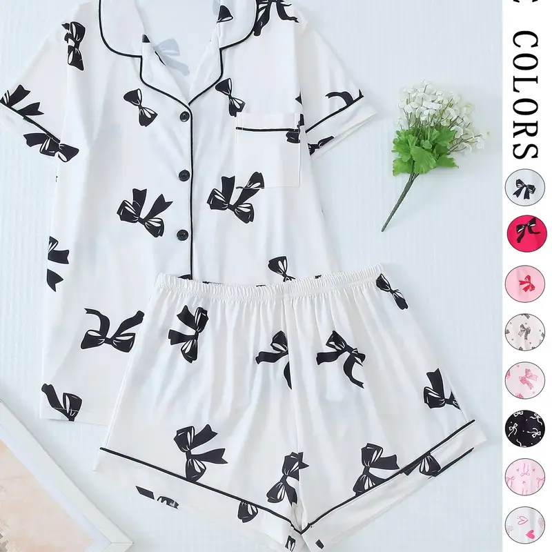【Black Friday】Two-Piece Set Women's Printed Graphic Button Front Pocket Shirt & Elastic Waist Shorts Pajama Set, Cute Comfy Soft PJ Loungewear Set, Women's Summer Loungewear #GLOBAL PICKS