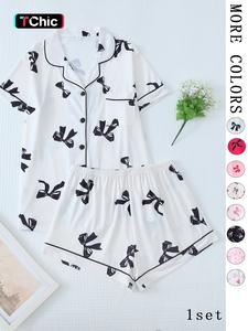 two-piece set women's printed button front pocket blouse & elastic waist shorts matching pajama set, cute elegant comfy soft pj lounge set, pajama sets women, summer clothes women, lady sleepwear & homewear, pajama chic, cute pajama sets
