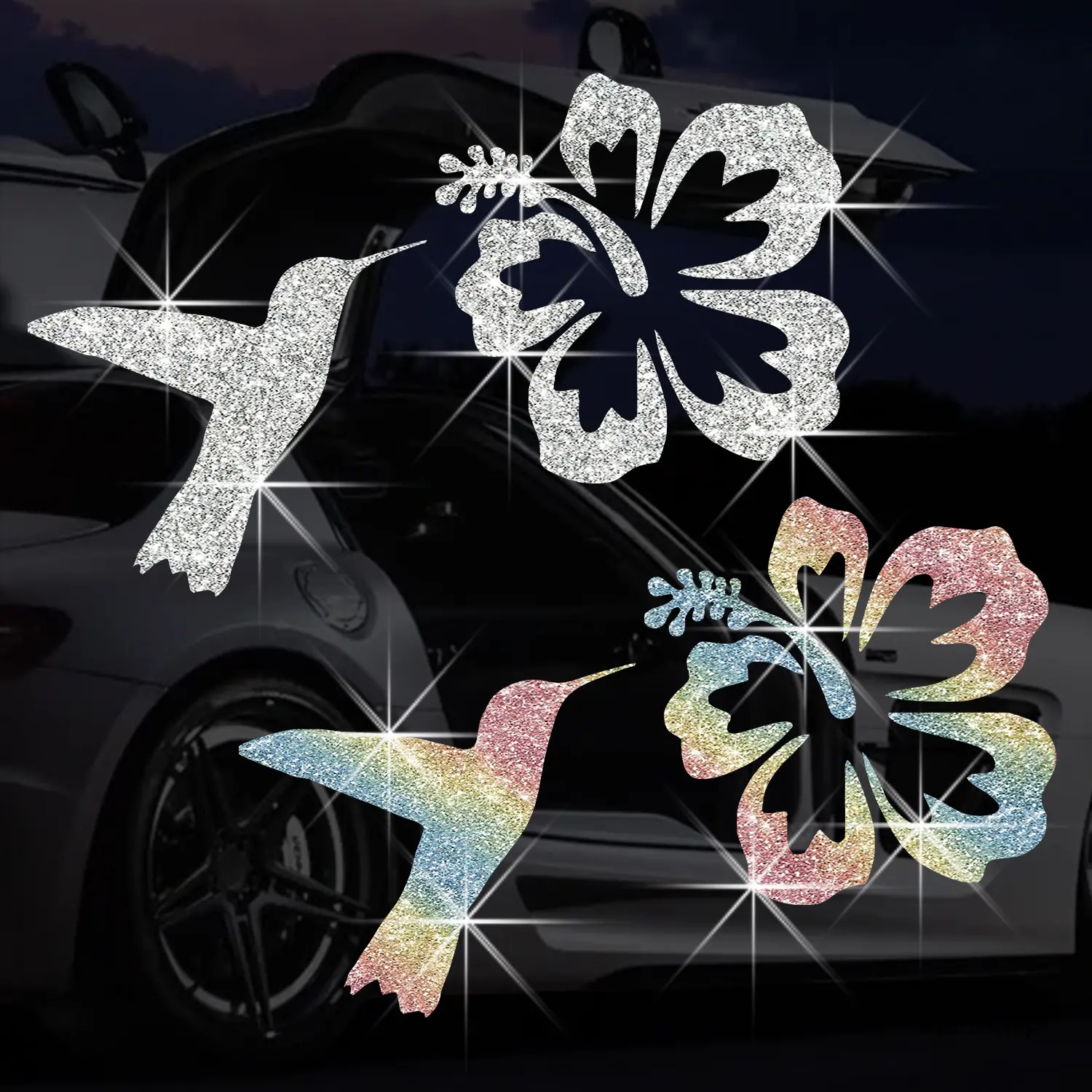 Rainbow Glitter Hummingbird & Hibiscus Flower Waterproof Vinyl Stickers, Rainbow Silver Auto Window-Bumper Decor, Cute Nature Gift for Car, Laptop (Sports & Outdoor Camping & Hiking Hammock Accessory), Nylon, Window Decor