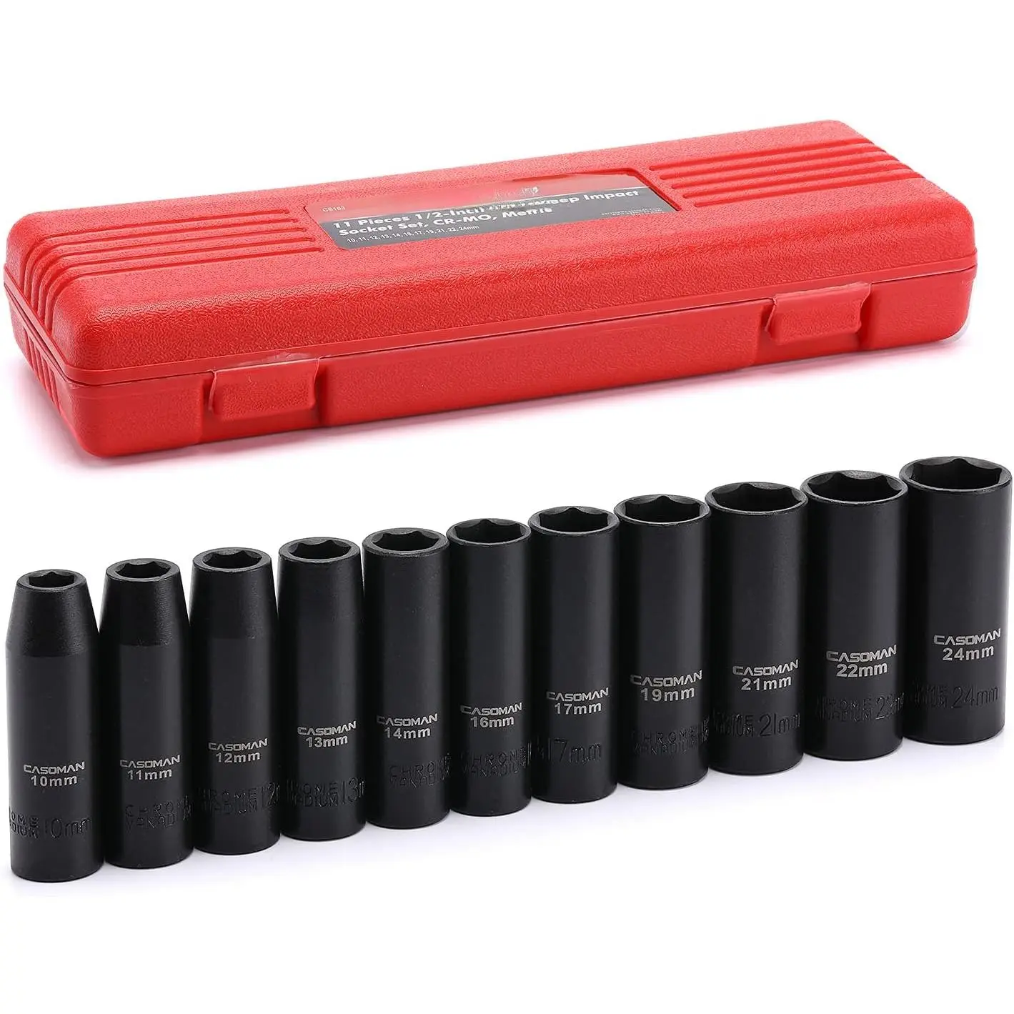 11 Pieces 1/2-Inch Drive Deep Impact Socket Set, 6-Point, Metric, 10mm to 24mm