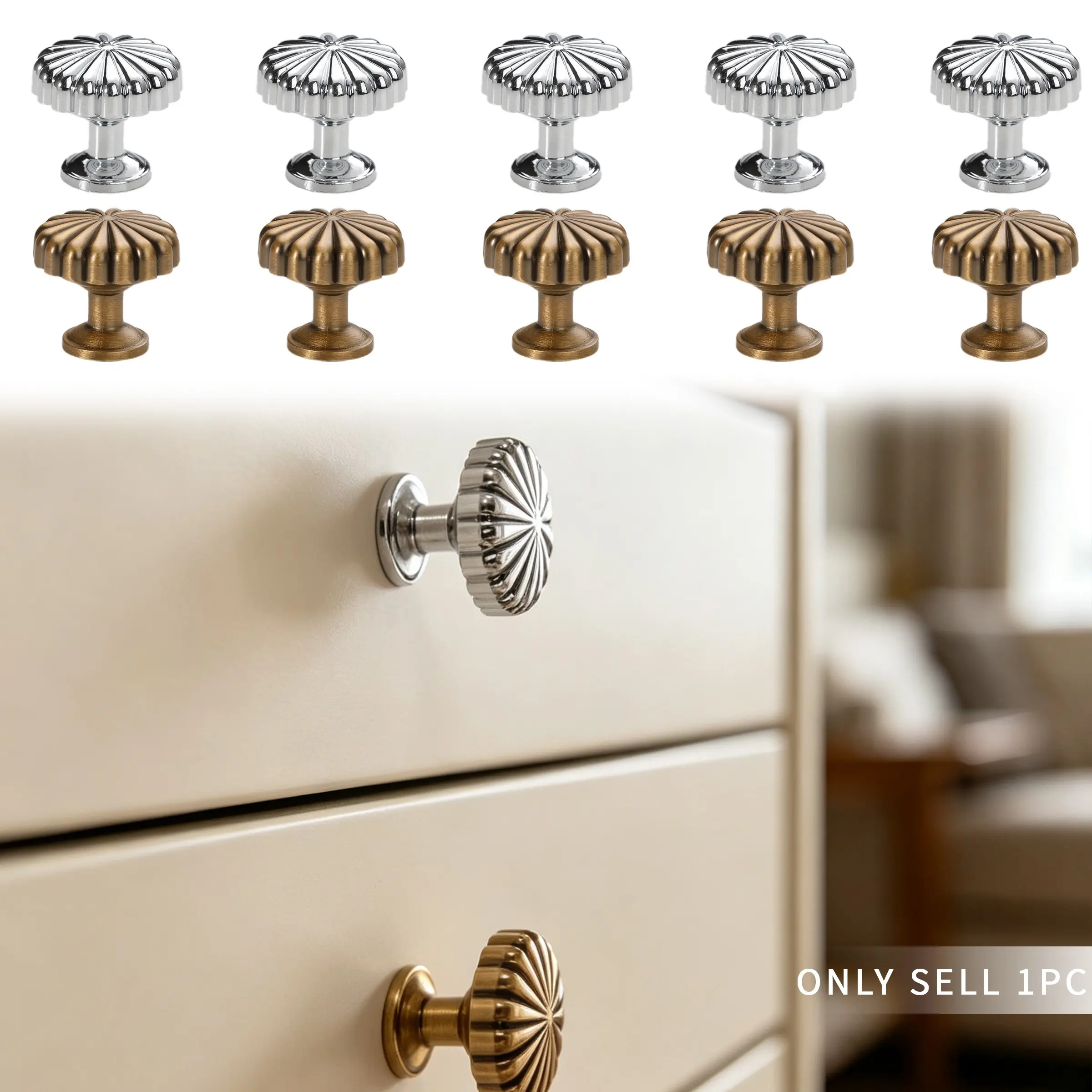 French Vintage Brass Pull Handle, Pumpkin Shape Cabinet Drawer Door Knob, Single Hole Small Handle, 1 Piece or 10 Pieces Pack