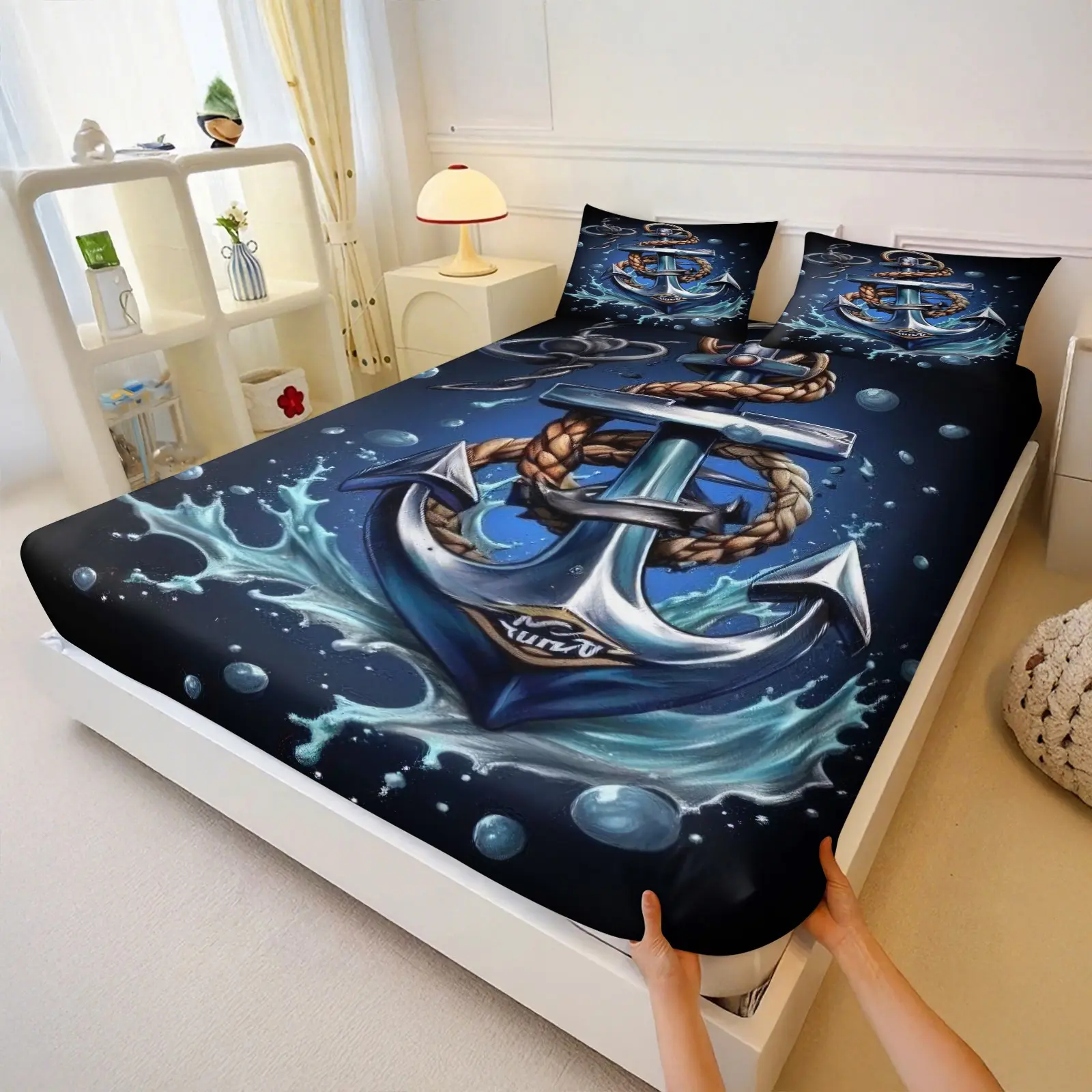 Deep Blue Sea Base Large Silver Anchor 3‑Piece Fitted Sheet Set, No Filling Included, All Over Print Bedding Set, Guy Dorm Room Decor, Mens Apartment Bedding, Nautical Shared Bedroom Set
