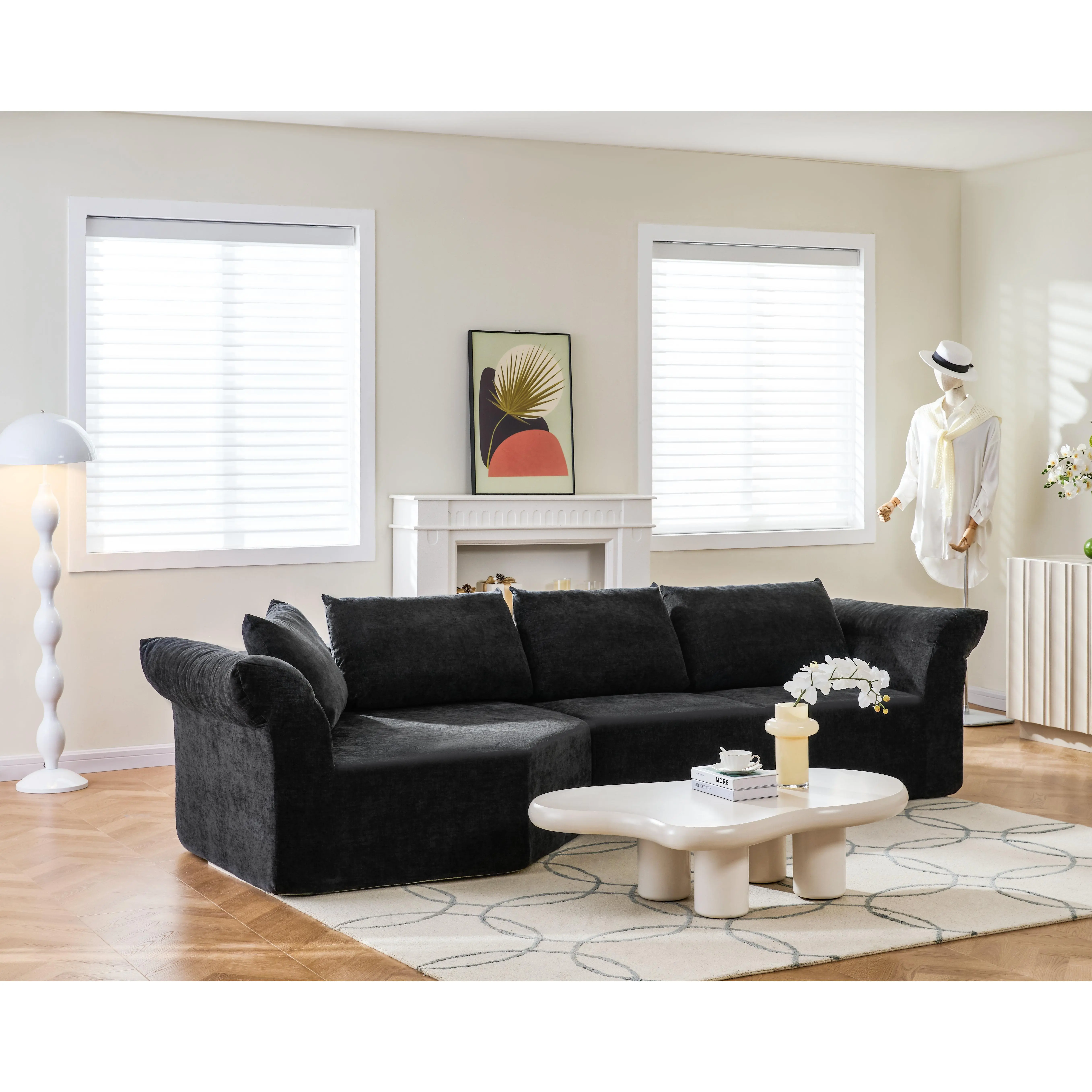 Nokaa Modern Minimalist Modular Sectional Sofa 4-Seat L-Shape Corner Couch with Wide Armrests, Loose Back Cushions & Throw Pillows, Low-Profile Solid Base, Foam Black Living Room Bedroom Furniture, Black Color Options, Foam Material