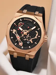 Men's Quartz Business Fashion Watch with Silicone Strap, Hollow 12-Sided Dial, Night Glow Business Calendar Wristwatch, Luminous Analog Watch, Luminous Date Wristwatch, Suitable for All Occasions, Business Quartz Watches
