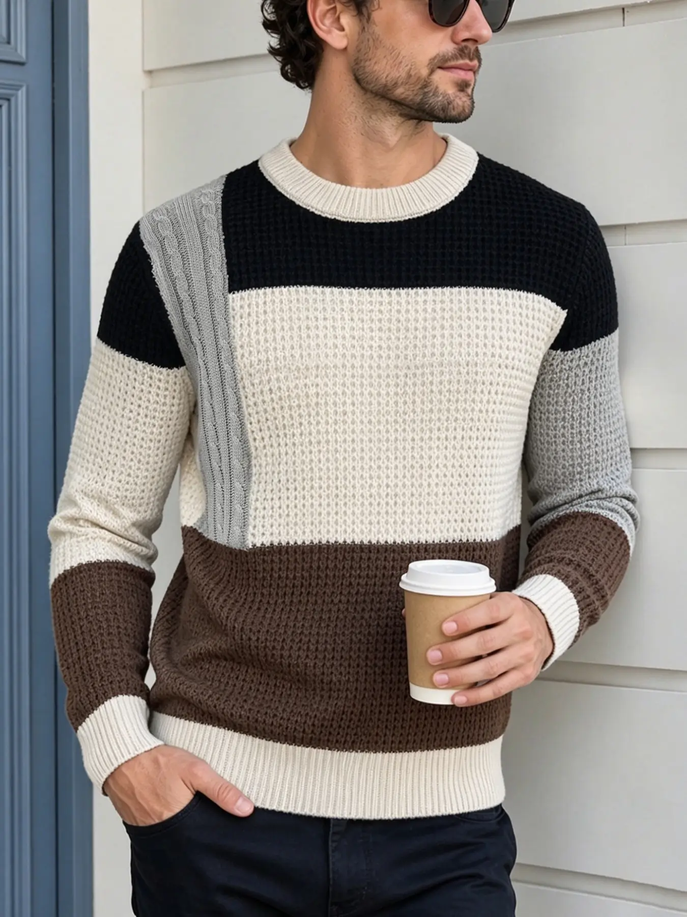 Men's Casual Round Neck Sweater, Multi-Color Striped and Colorblock Waffle Design, Vintage Style Knit Pullover, Fall & Winter