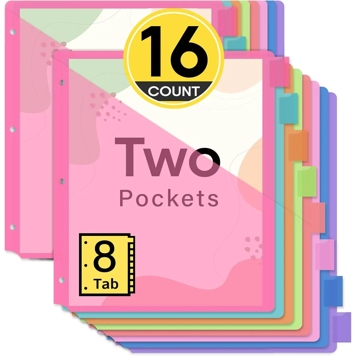 16 Count Dividers for 3 Ring Binder with Two Pockets, 8 Tabs Set, Plastic Binder Index Dividers,  for Office & School Organization Supplies, Bright Colors, 2 Set