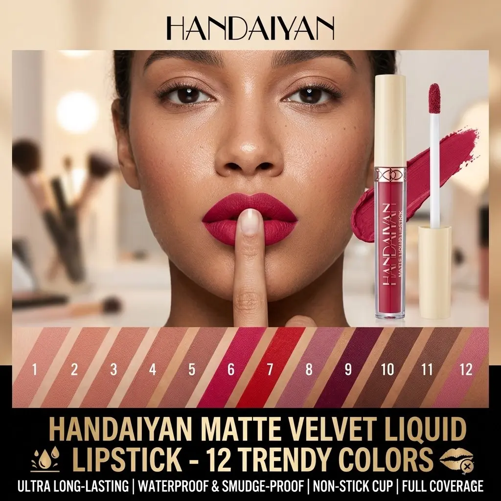 HANDAIYAN 12 Colors Matte Liquid Lipstick Set, Smudge-Proof Full Coverage Velvet Lip Gloss Kit, Long Lasting Non-Stick Cup Makeup Gift for Women, Lip Product