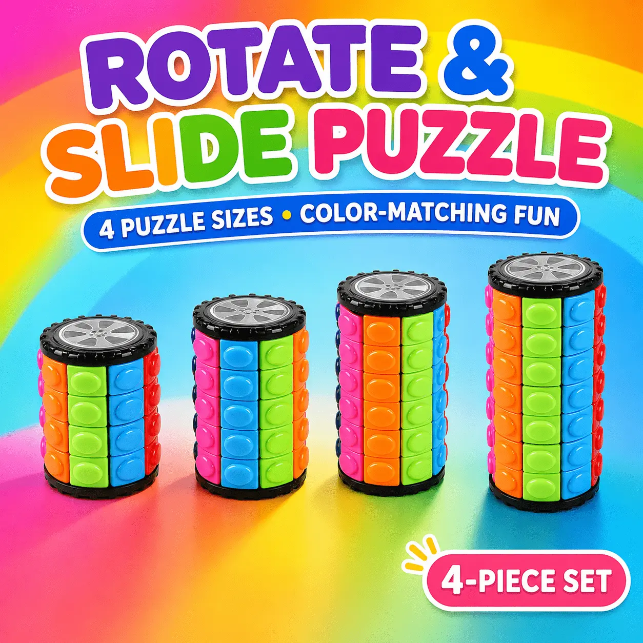 4PC Interactive Cylinder Slide Twist Puzzle Color Sorting Brain Teaser Game Toy Building Blocks Set