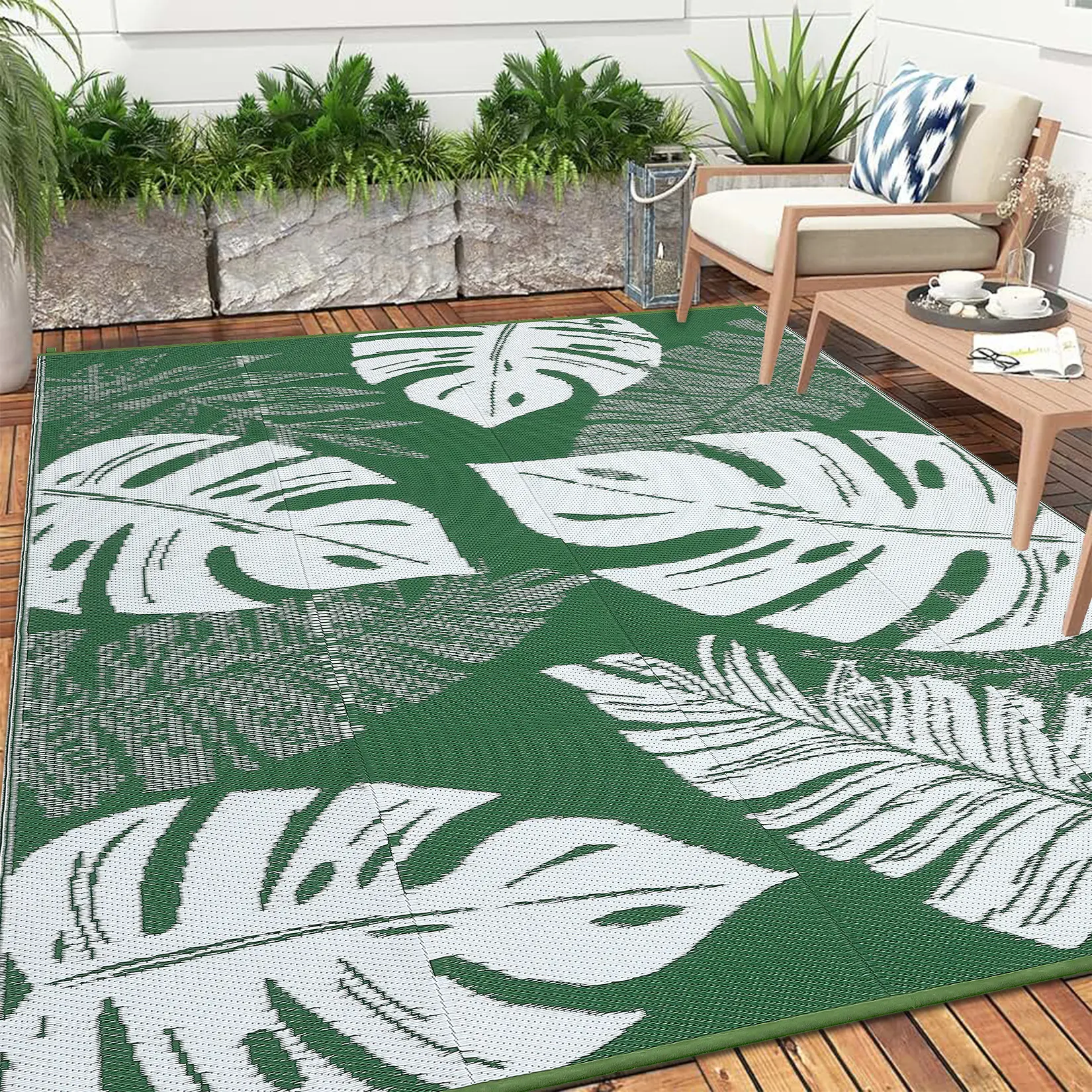 Waterproof Reversible Outdoor Rug, Modern Palm Leaves Plastic Straw Mat for Patio, Deck, Balcony, RV, Camping & Picnic, Durable Indoor/Outdoor Carpet, Large Area Floor Mat