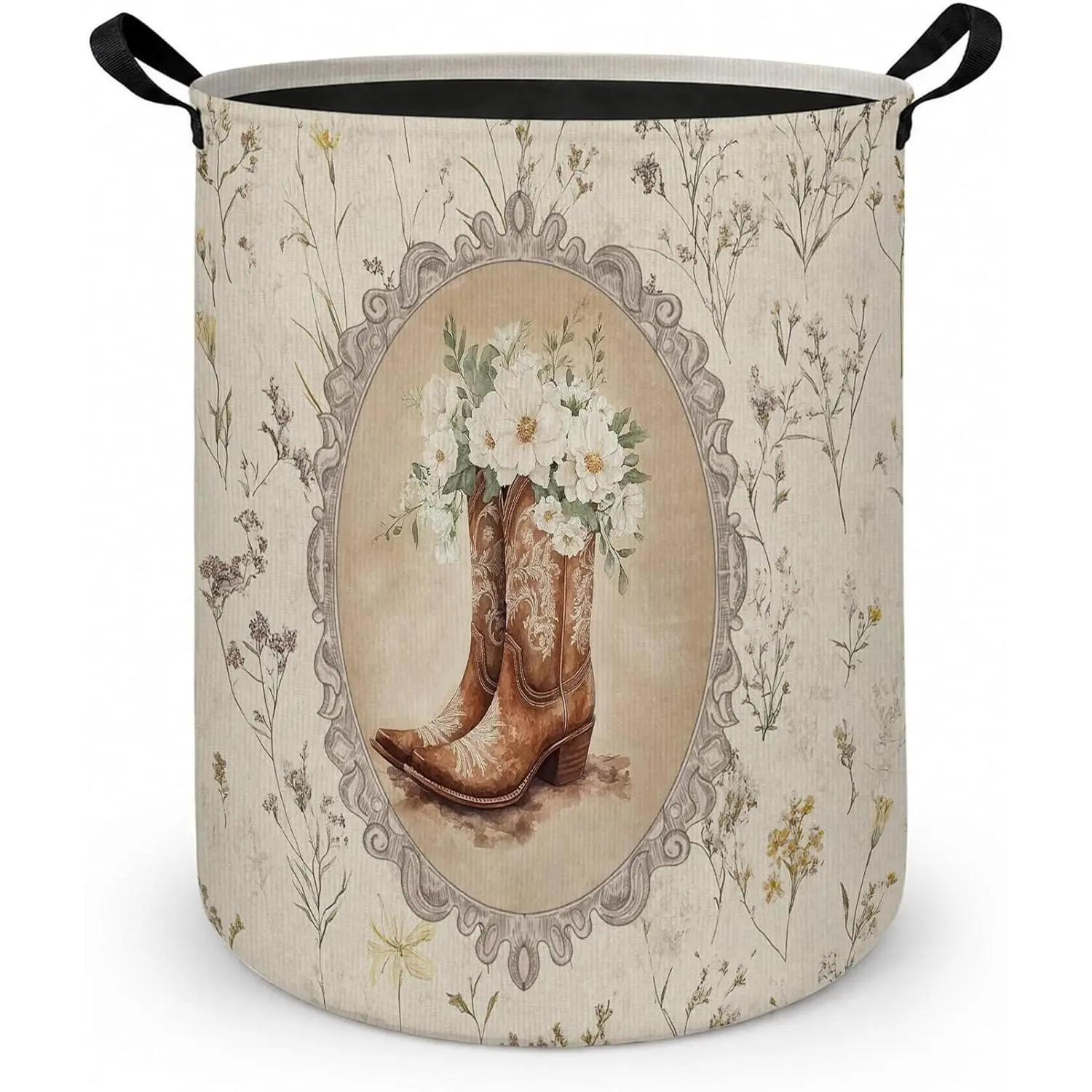 Western Cowgirl Floral Laundry Basket with Handles, Vintage Rustic Cowgirl Boots Hat Laundry Hamper Waterproof Collapsible Clothes Toys Storage Organizer for Girls Dorm Bedroom Bathroom