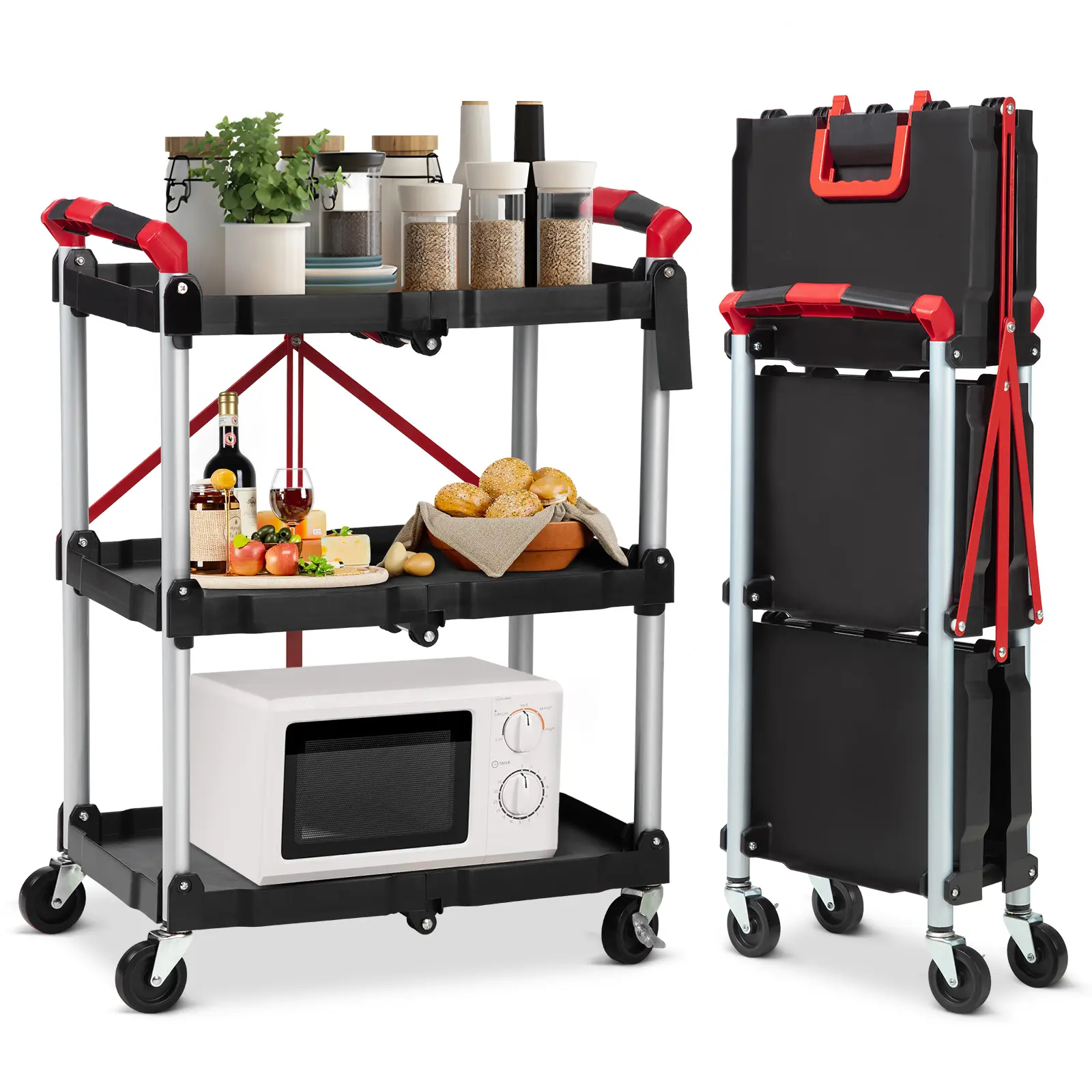 Lightweight Aluminium Heavy-Duty 3-Layer Collapsible Rolling Utility Organiser Cart - 165 lb Capacity Storage Tool Trolley with 360° Lockable Wheels, Portable Racks & Shelf for Garage, Home