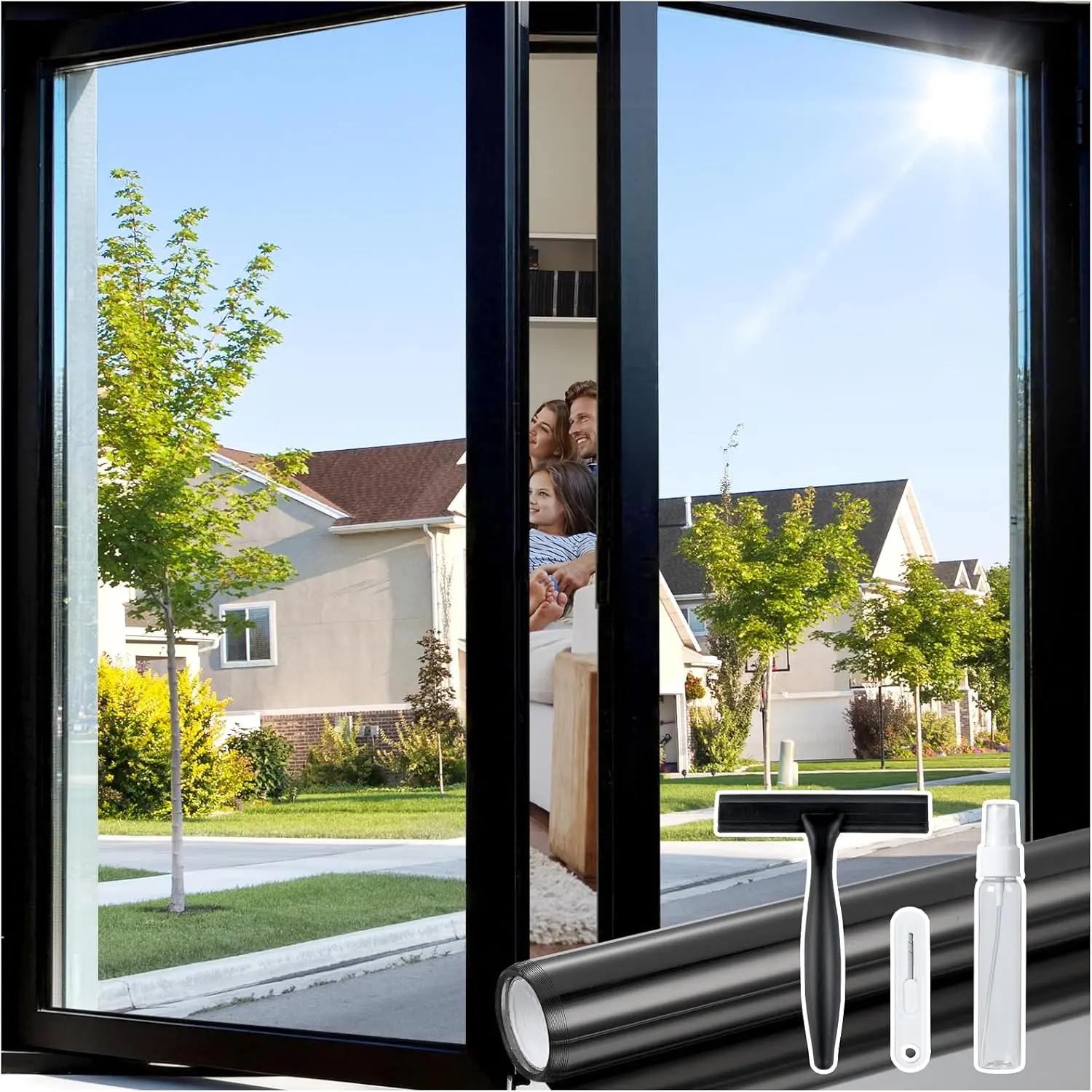 Window Tint, One Way Privacy Film, Black Silver, 35.4" x 78.7" |   Heat Control, Sun UV Block, See out not in, Reflective Adhesive Tint with 3 Installation Tools, for Home, Office, Door Cover