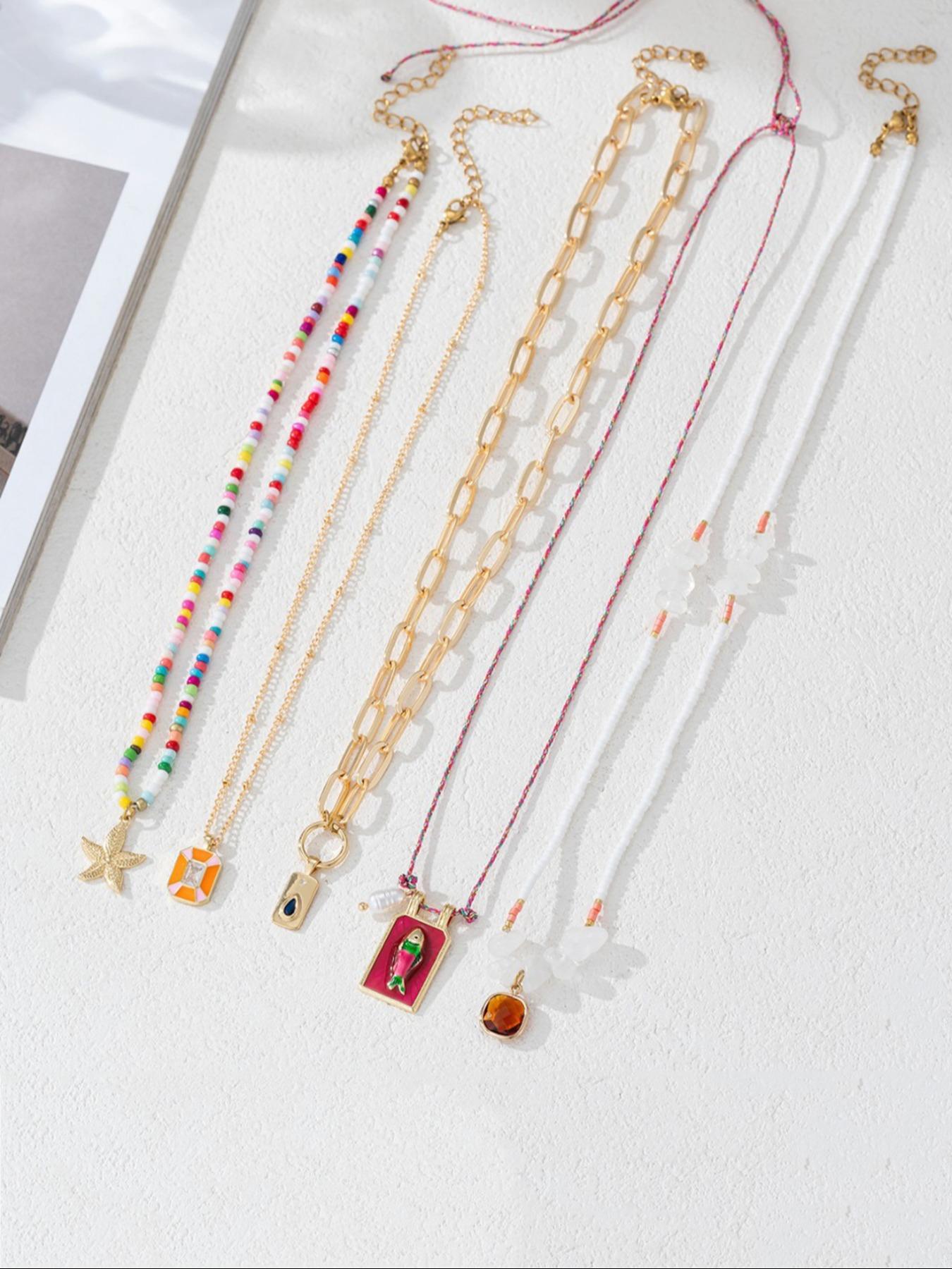 Cute Colorful Beaded Necklace, Fashionable Starfish & Fish Design Pendant Necklace for Women & Girls, Trendy All-match & Exquisite for Birthday Gift, Mothers Day Gift Ideas, Charm Necklaces