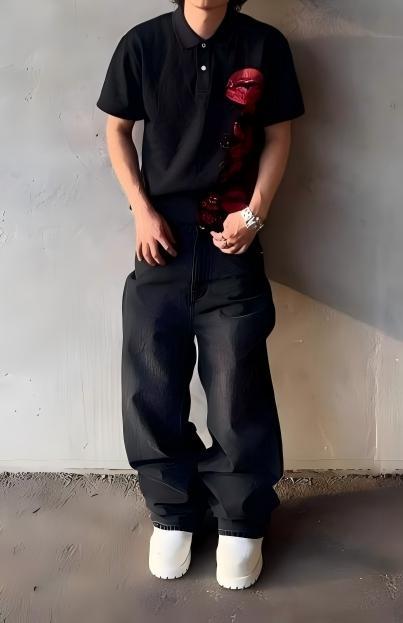 Y2K Polo Shirt Harajuku Graphic Print Rock Goth Oversized Short Sleeve T-Shirt Hip Hop Button-Down Collar Shirt Punk Casual Tee