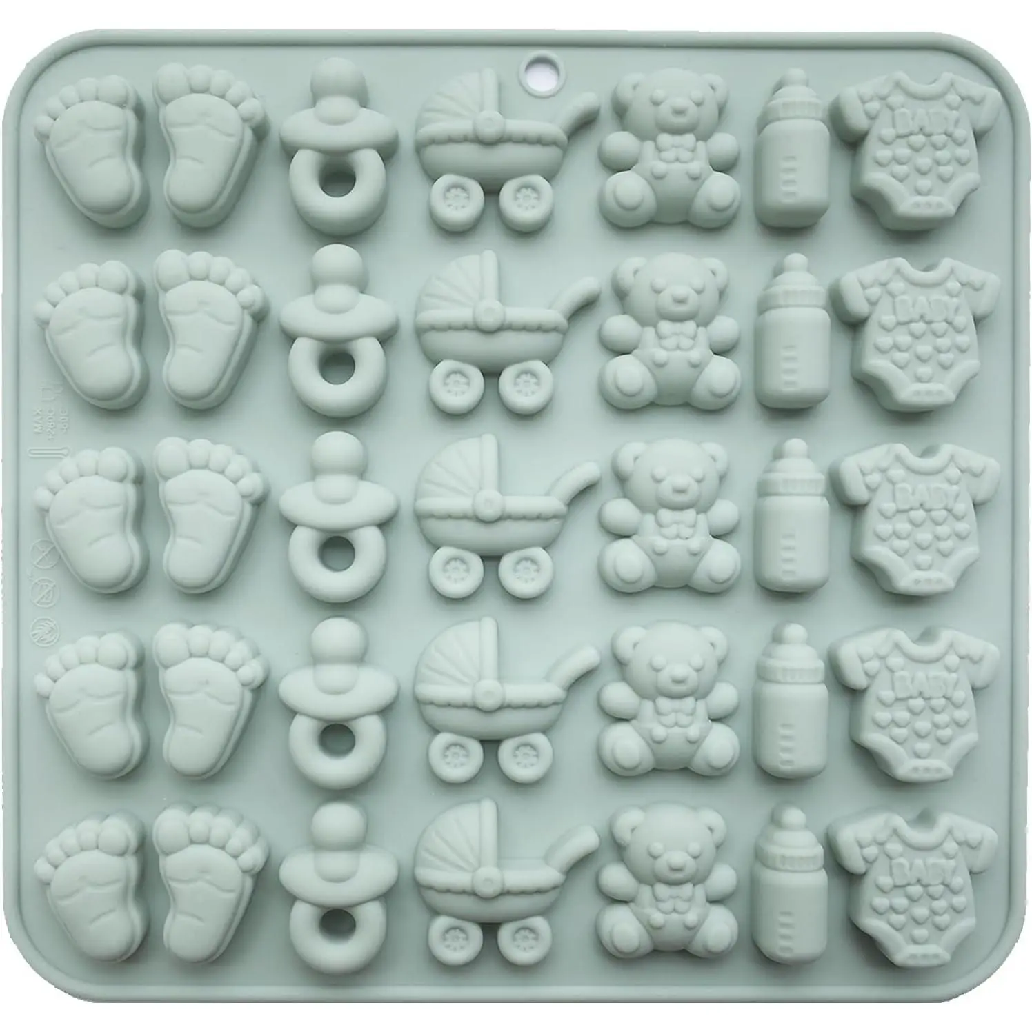 Flexible Silicone Baby Shower Mold Set - Onesie, Bottle, Teddy Bear, Carriage, Baby Footprint Shapes for Birthday Baking, Dessert, Cupcake Decorations & Toppers