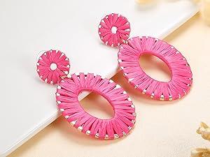 FUNRUN 4Pairs Hot Pink Earrings for Women Statement Earrings Geometric Heart Drop Hoop Earrings Boho Long Tassel Dangle Earrings