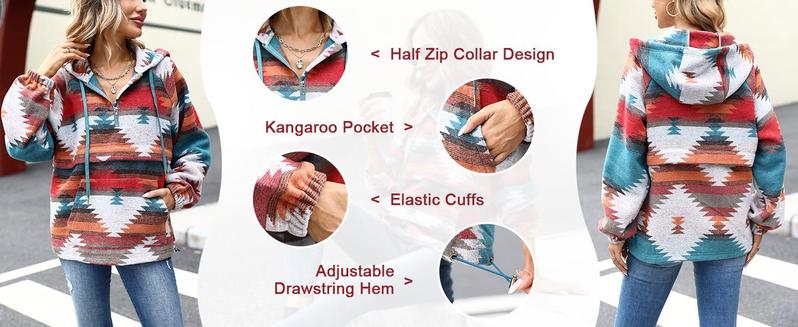 Imily Bela Womens Christmas Aztec Half Zip Up Hoodies Sweatshirt Casual Long Sleeve Oversized Ethnic Tribal Hooded Pullover Shirt Top