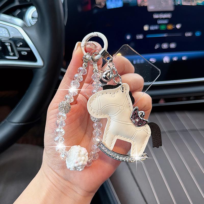 Viral Bling Leather Rocking Horse Keychain, Cute Rhinestone Pony Bag Charm, Luxury Car Key Ring Accessory for Women