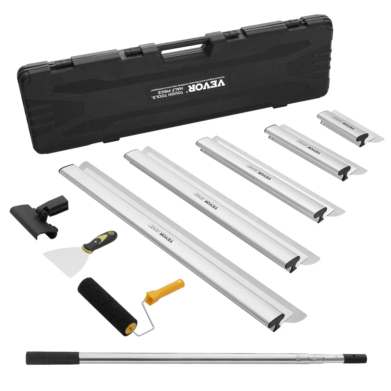 VEVOR Drywall Skimming Blade Set, 10/16/24/32/40 in Skimming Blades+ 34-81.6 in Extension Handle Pole, Stainless Steel Knife Professional Skim Coat Tools, for Gyprock/WallBoard/Plasterboard