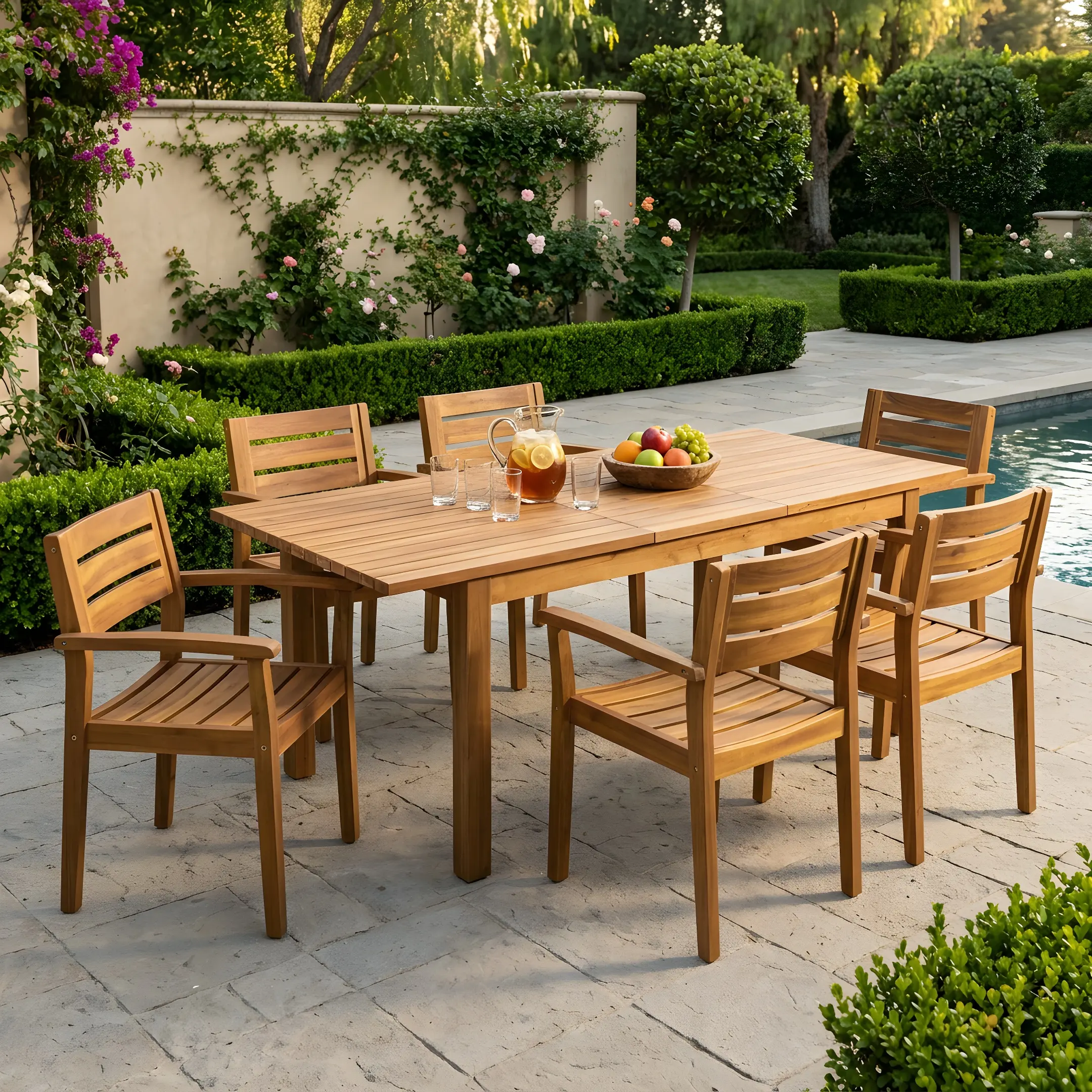 ARCH 7 Piece Acacia Wood Outdoor Dining Set for 6, Modern Teak Finish Table and Chairs Set, Expandable Dining Table with 6 Chairs for Patio, Deck, Garden, Backyard, Poolside, Lawn, 65.75-85.43 in Table, Teak Color Options, Acacia Wood Material