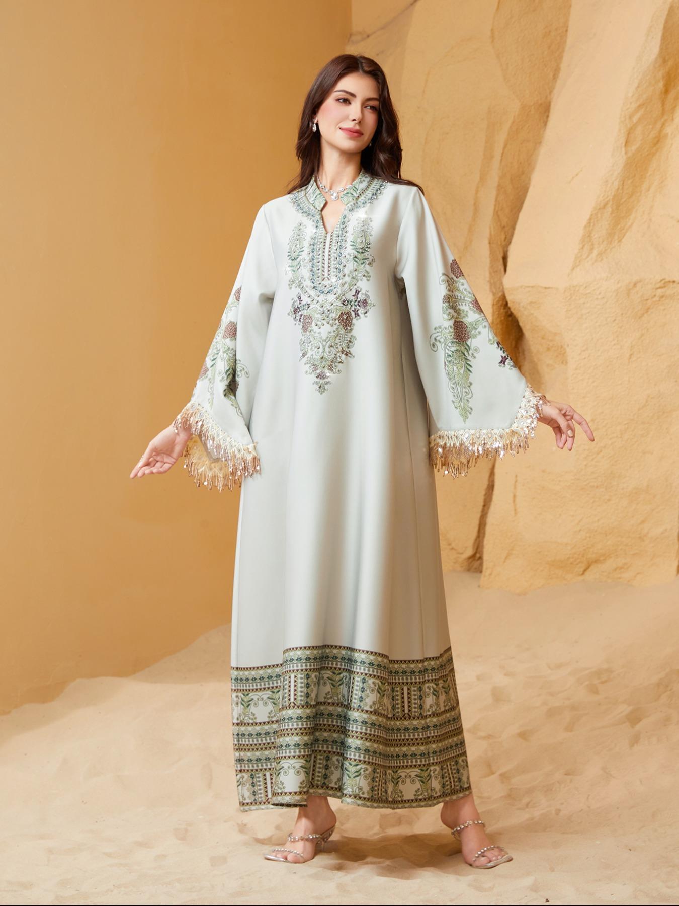 Women's Elegant Long Dress, Loose Fit Ethnic Print, Lace-Up Design, All-Season Wear, Perfect for Evening Occasions & Special Events