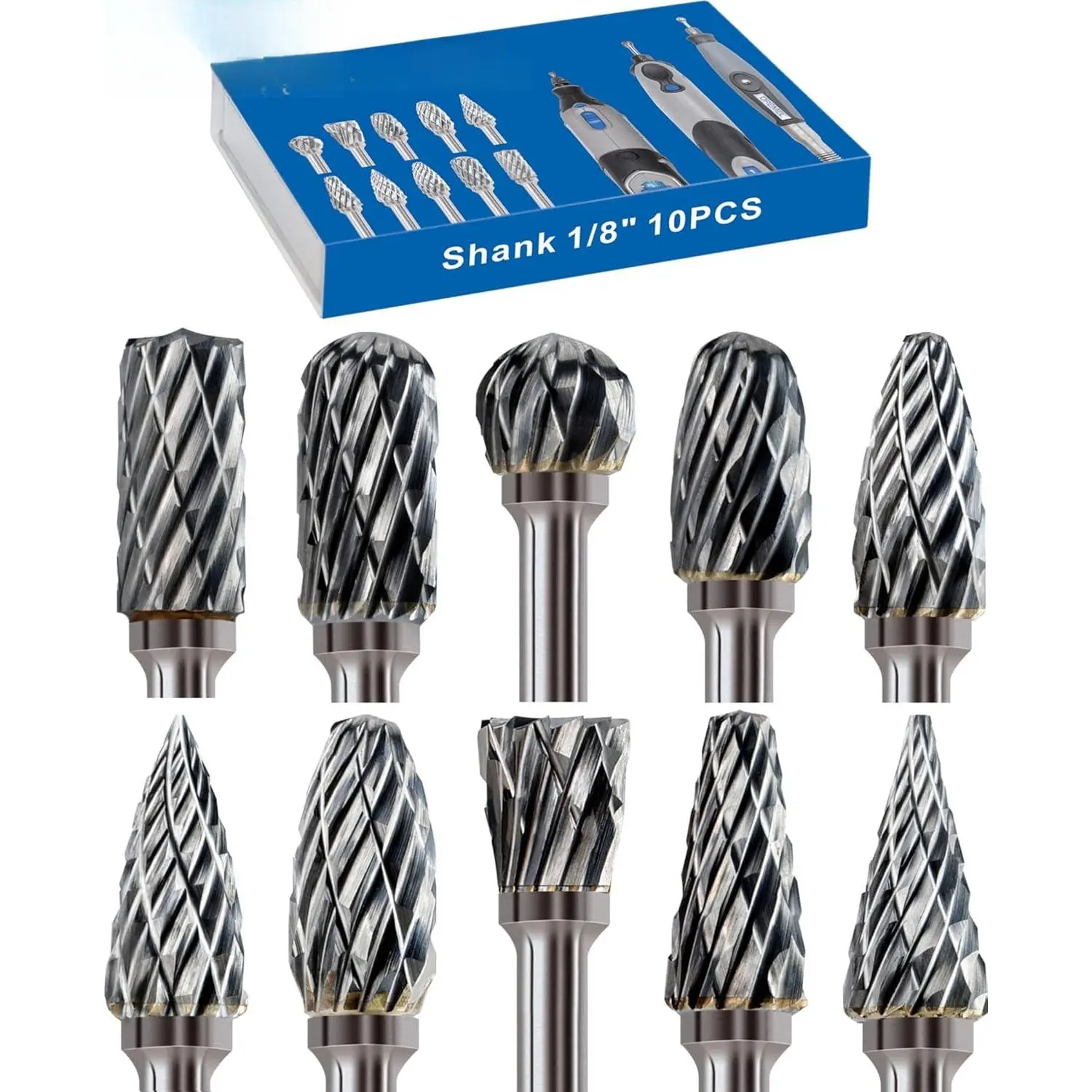 10-piece set of carbide grinding bits with 1/8" shank diameter, compatible with Dremel and Milwaukee drill rotary tool accessory kits, used for grinding, engraving, cutting, and polishing of metal, wood, stone, and steel