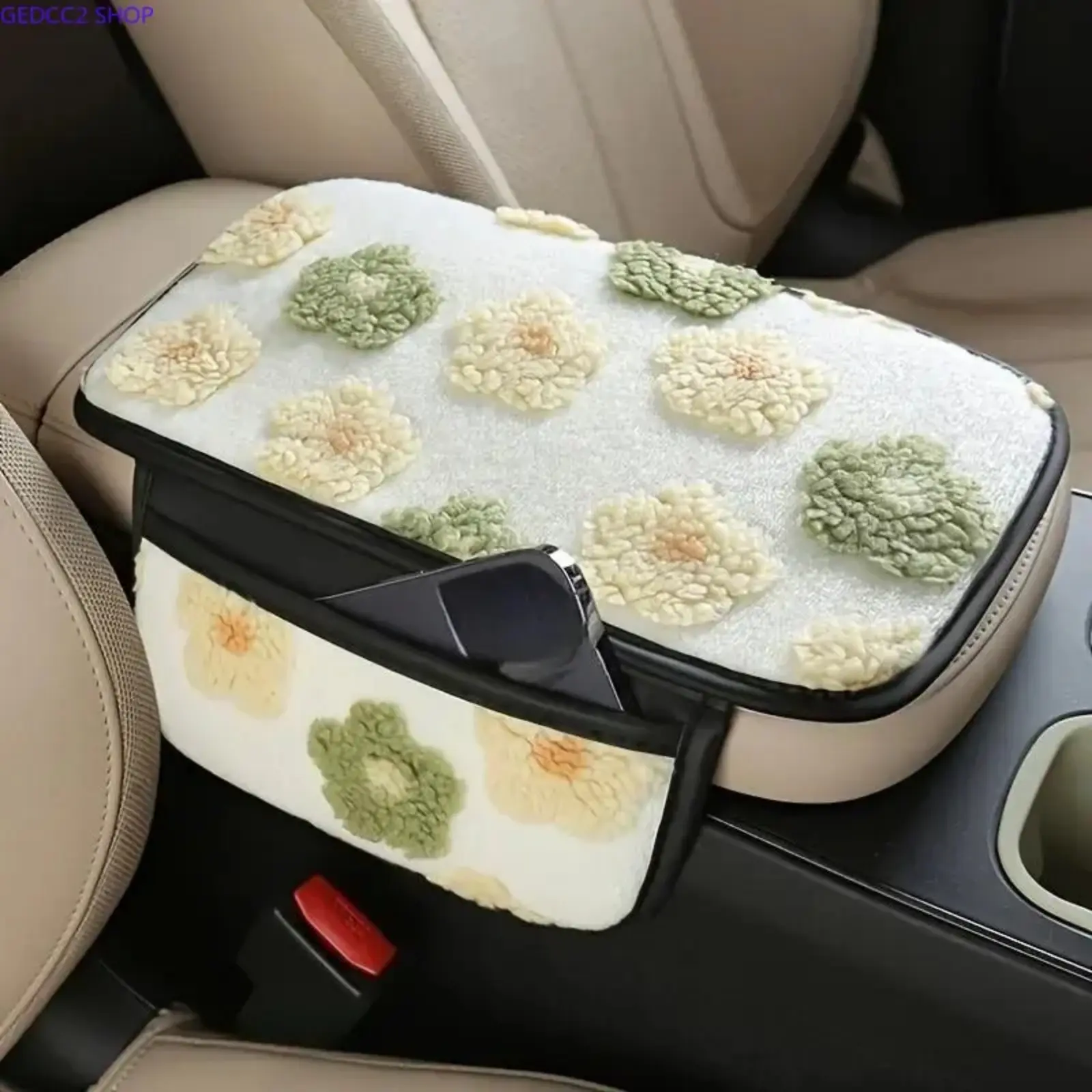 Floral Plush Car Armrest Cover, Soft Center Console Pad with Side Pocket, Universal Car Interior Protector, Cute Auto Accessory for Women