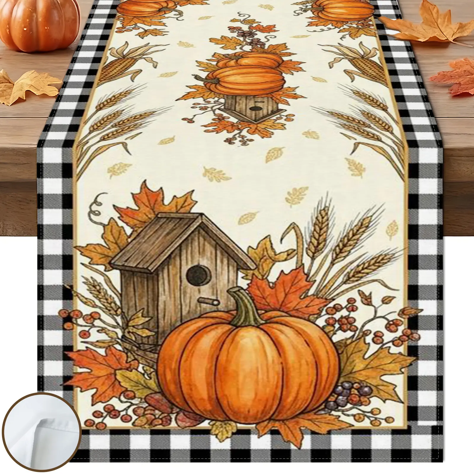 1pc Pumpkin Birdhouse Table Runner, Black White Buffalo Plaid Farmhouse Style, Wheat Maple Berry Design, for Fall Thanksgiving Table Decor