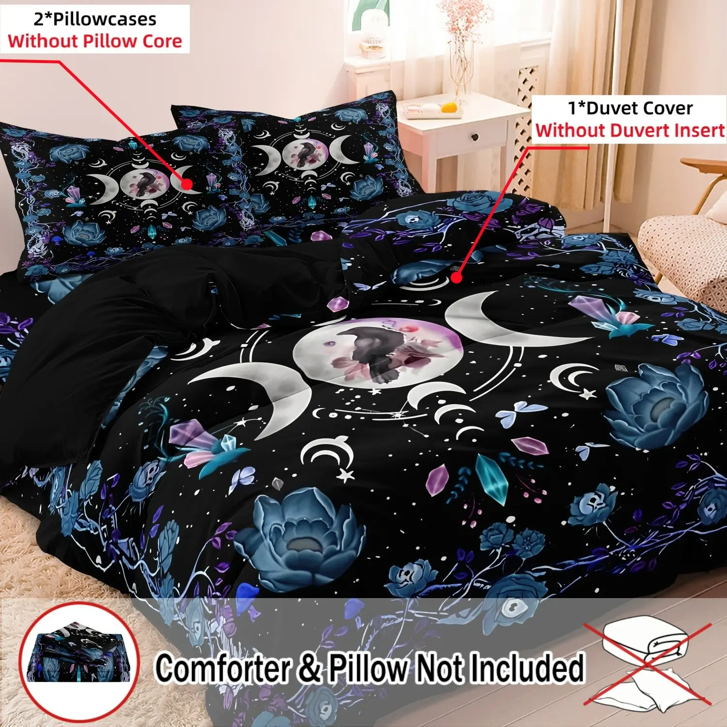Ramadan Witchy Raven Floral Moon Bedding Cover Set (NO BLANKET INCLUDED), 3Pcs Luxury Bedding Set Included 1*Duvet Cover and 2*Pillowcases Soft Comfortable Comfy Bedding Set For Four-season Home Dorm Decorative Bed Sets Bedroom Bedding Set