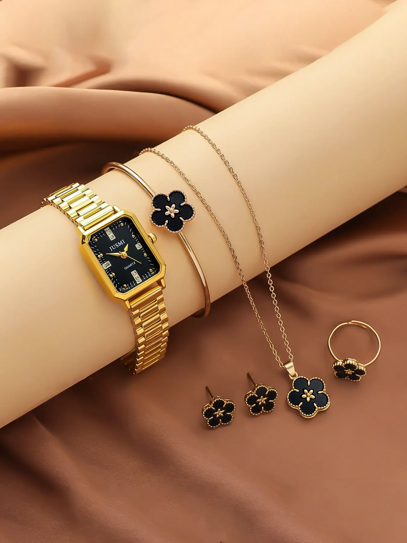 6pcs/set Vintage Elegant Jewelry Set with Clover Elements, Includes Watch Necklace Bracelet Earrings Ring for Daily Wear, Fashionable Jewelry Set, Jewelry Gift Set, Jewellery Gift Set