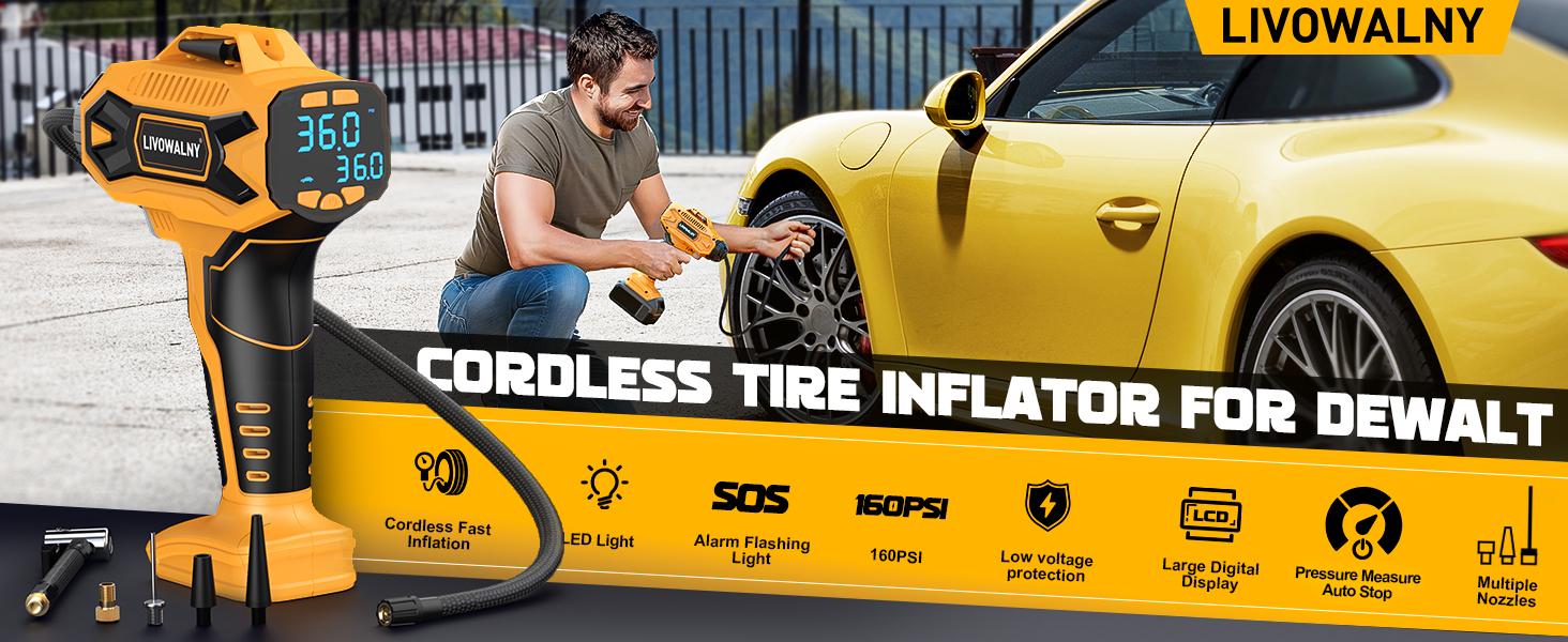 Tire Inflator Air Compressor Compatible with DeWalt 20V Max Battery 160 PSI Cordless Portable Electric Pump with Digital Pressure Gauge for Car Motorcycle Bike Sports Ball (No Battery)