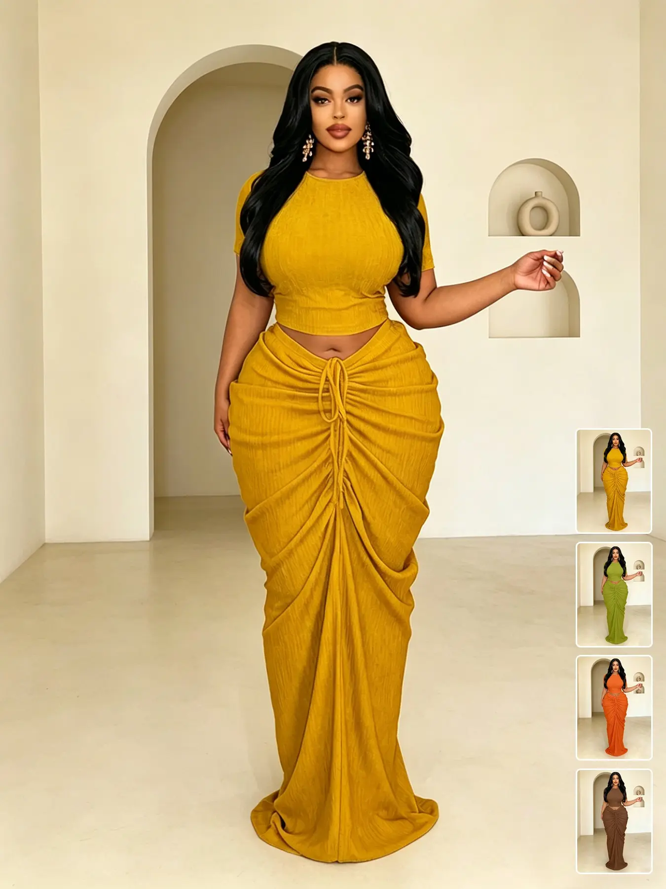 Plus Size Textured Crop Top & Ruched Maxi Skirt 2-Piece Set, Going Out Sets, Bodycon Matching Outfit, Perfect for Brunch Dates, Dinner Nights, Vacations, Photo Shoots, Parties, Bridal Events, Evening Strolls & Weekend Getaways, Womenswear