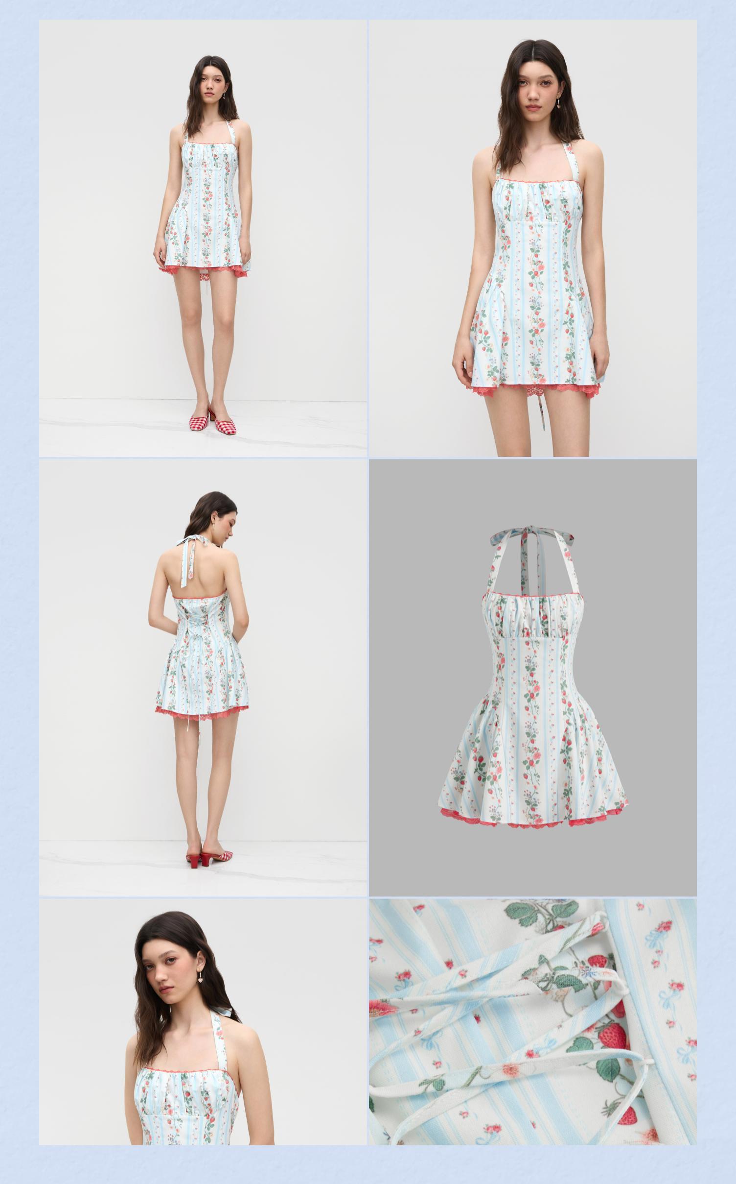 Cider [size 0-10] Linen-blend Halter Neckline Strawberry Floral Lace Up Ruffle  Mini Dress SwimWeek - TikTok Shop