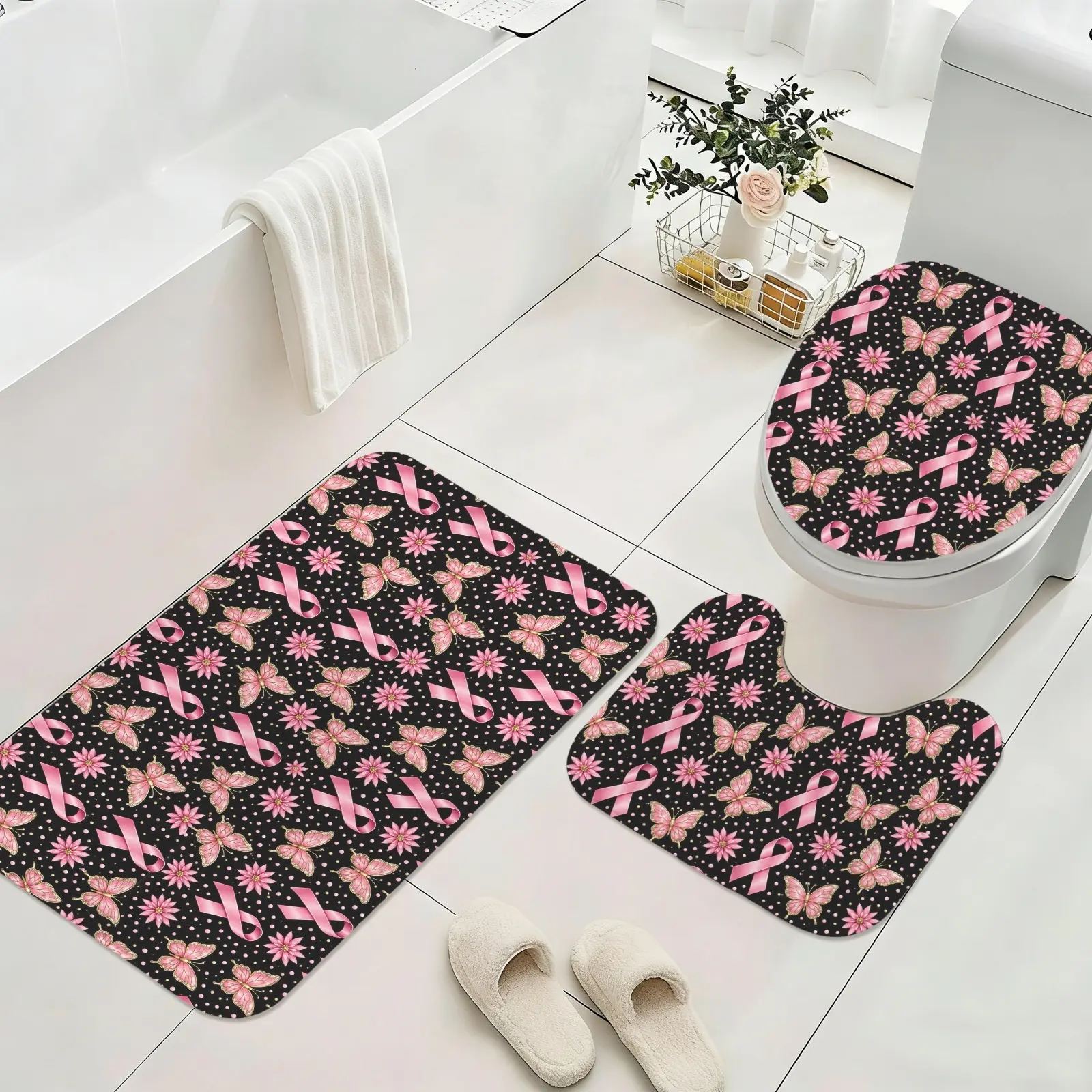 Non Slip Absorbent 3 Piece Bathroom Rug Set Elegant Breast Cancer Pink Ribbon Butterfly Floral Art Floor Mat U Contour Toilet Rug Toilet Lid Cover for Shower Bathroom Charity Holiday Wipeable Washable Bathroom Decor Kit