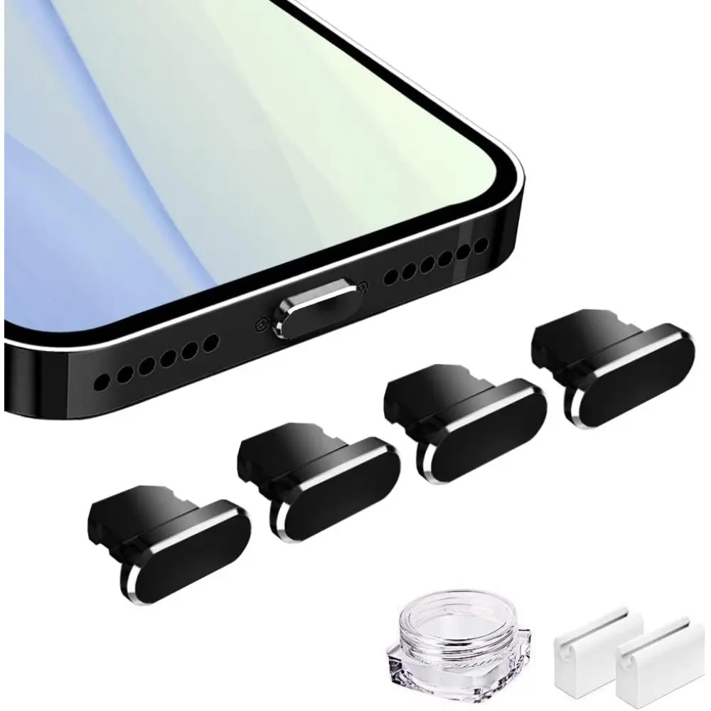 Creativity Anti Dust Plugs Metal Cover Compatible with iPhone 14 13 12 11 X XS XR 8 7 SE Mini Plus Pro Max iPad AirPods 4 Pack, Lightning Charging Port Dust Caps Protector with Plug Holder (Black), Smartphone, Handheld, Cord, Wireless, Accessories