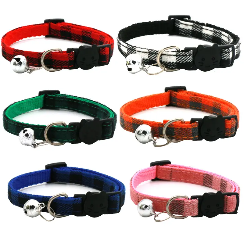 British Plaid Pet Collar with Bell, Adjustable Colorful Checkered Cat and Dog Collar, Lightweight Fabric Pet Neck Collar for Cats, Kittens, Puppies and Small Dogs, Decorative Everyday Pet Accessories